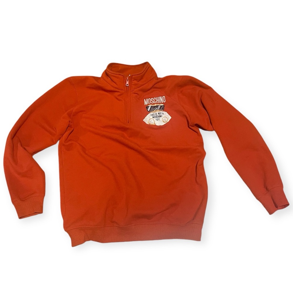 Moschino Orange This is Not a Toy Bear Zip Mock Neck Sweater Size XL